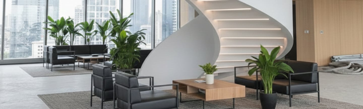 a spiral staircase in a modern office building