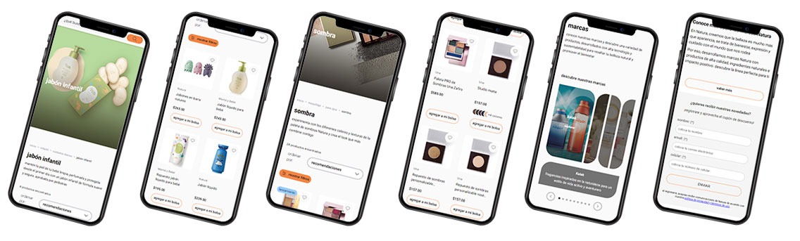Six smartphones displaying a mobile-optimized e-commerce app for Natura beauty and skincare products.