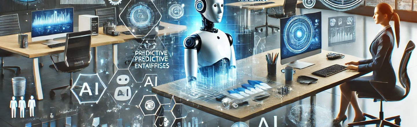 Robot d’intelligence artificielle dans un bureau moderne, illustrant les solutions IA pour PME.