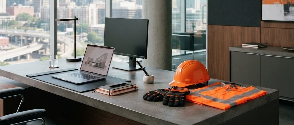 Un bureau exécutif moderne avec des fournitures de bureau élégantes sur un côté, et des équipements de protection individuelle (casque orange, gants de sécurité, gilet réfléchissant) soigneusement disposés sur l'autre, sous un éclairage de studio net avec des accents de charbon et d'orange de sécurité, composition architecturale.