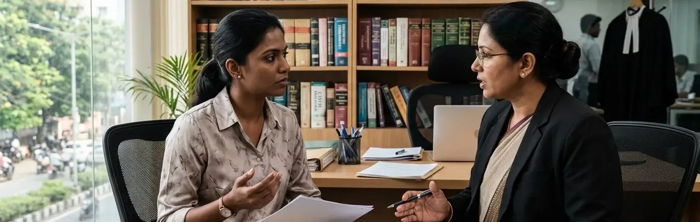 Female lawyer consulting a woman client about maintenance rights in a law office in Chennai