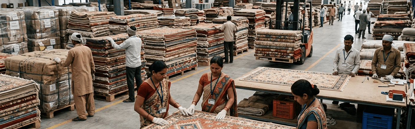 Wide shot of rug manufacturing unit in Panipat India, workers weaving rugs, natural lighting, export