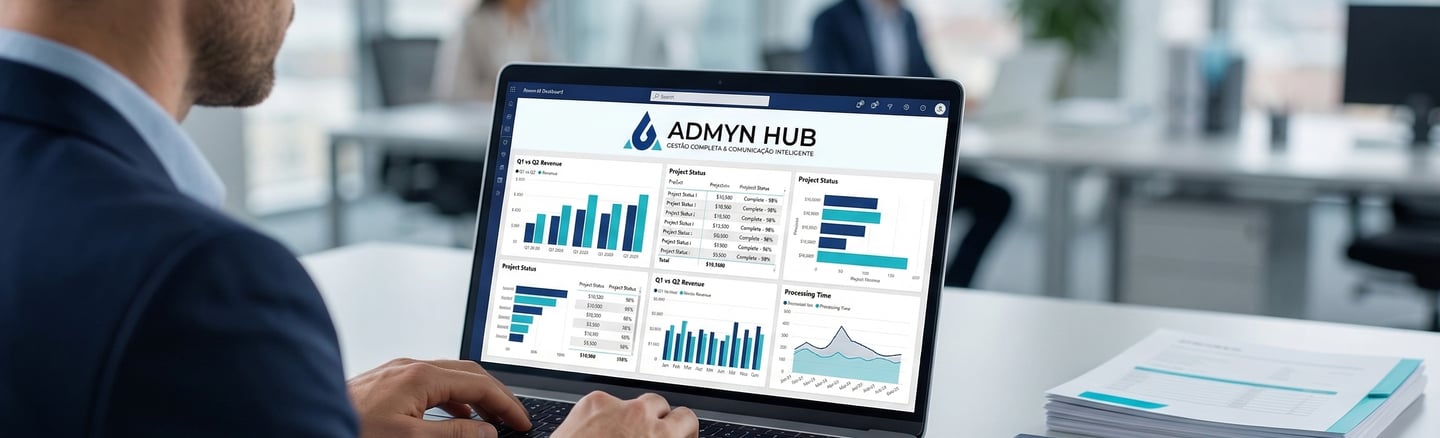 Business professional viewing a data analytics dashboard on a laptop in a modern office setting.