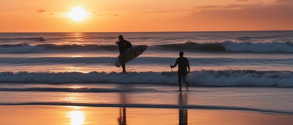 a sunset with a surfer and a bird in the foreground