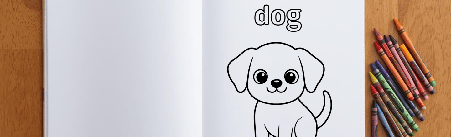 a coloring book example with a dog and crayons