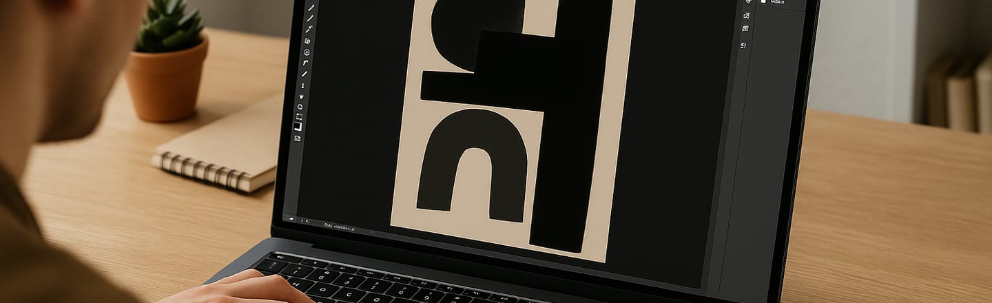 a man sitting at a desk editing digital art on his laptop 
