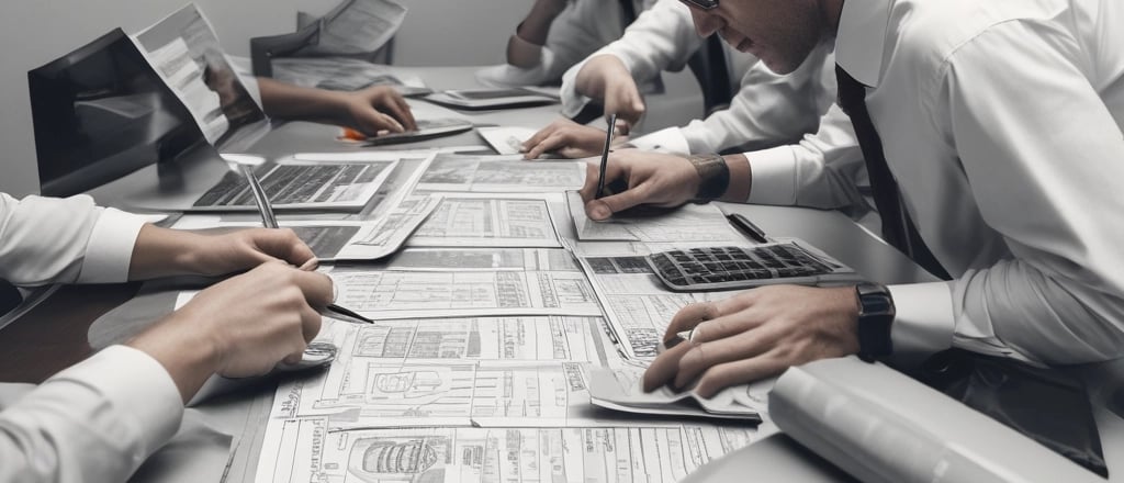 Team discussing investment data with sensitivity analysis on a laptop