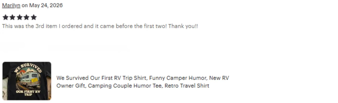 Five-star customer review from Marilyn for the We Survived Our First RV Trip shirt—Horacio & Viscoti
