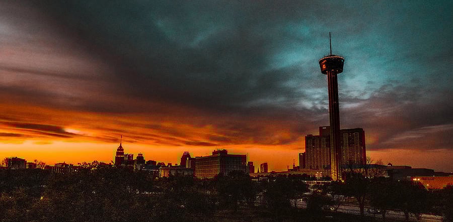 San Antonio sunset painting the Texas sky, with reflecting windows