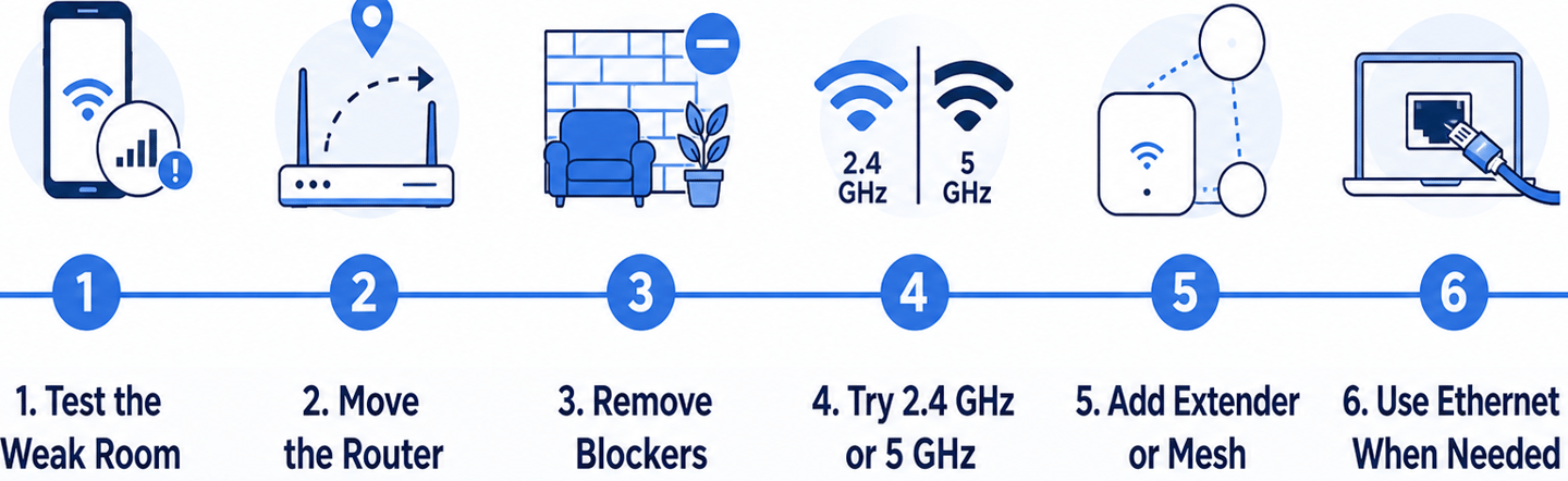 Step-by-step Wi-Fi dead zone troubleshooting path.