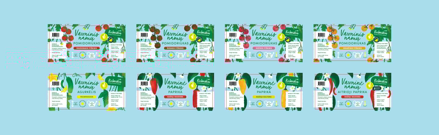 Kietaviškių vazoninių augalų etikečių dizainas su stilizuotomis daržovių iliustracijomis.