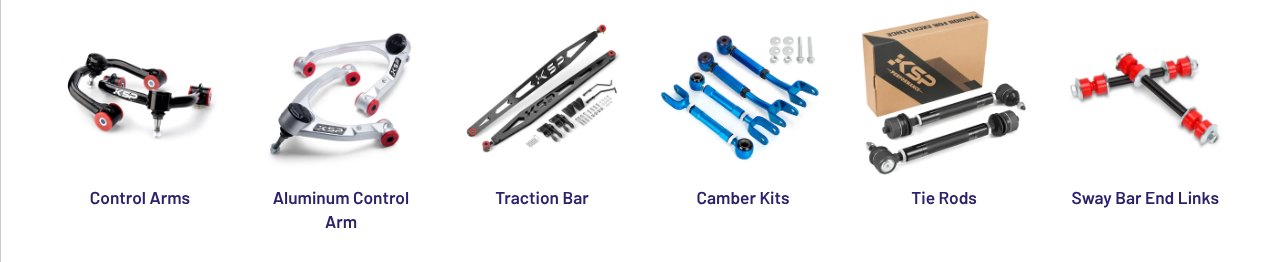 Product catalog of KSP performance suspension parts including control arms, traction bars, and camber kits.