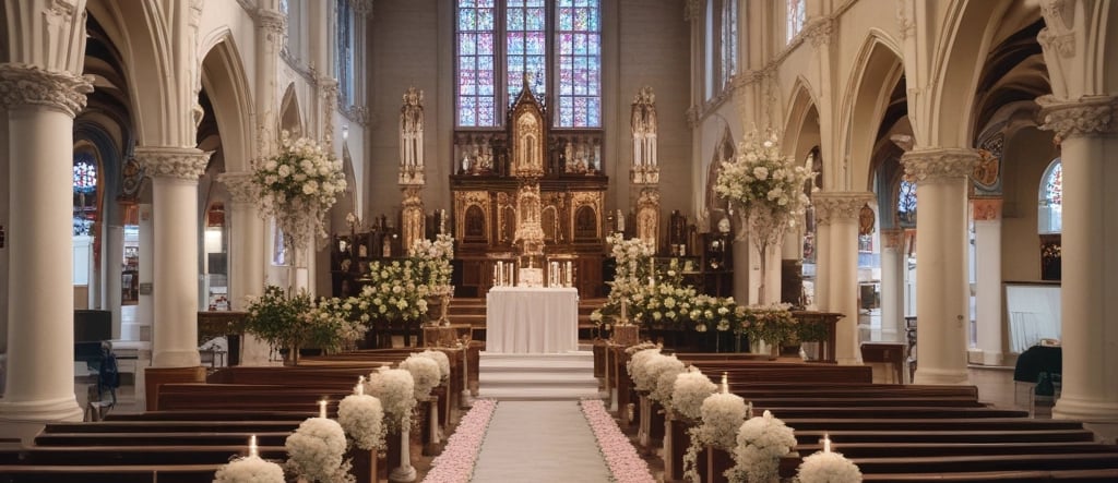 An elegant outdoor wedding ceremony setup under olive trees with gold and emerald accents.