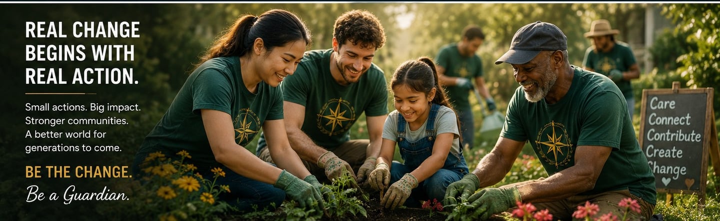 Diverse volunteers and a young girl planting a community garden to promote environmental change.