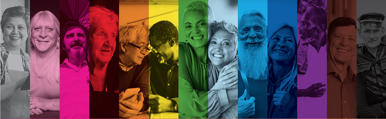 A group of smiling 2SLGBTQI+ seniors stand together, radiating joy and a sense of community. The ima