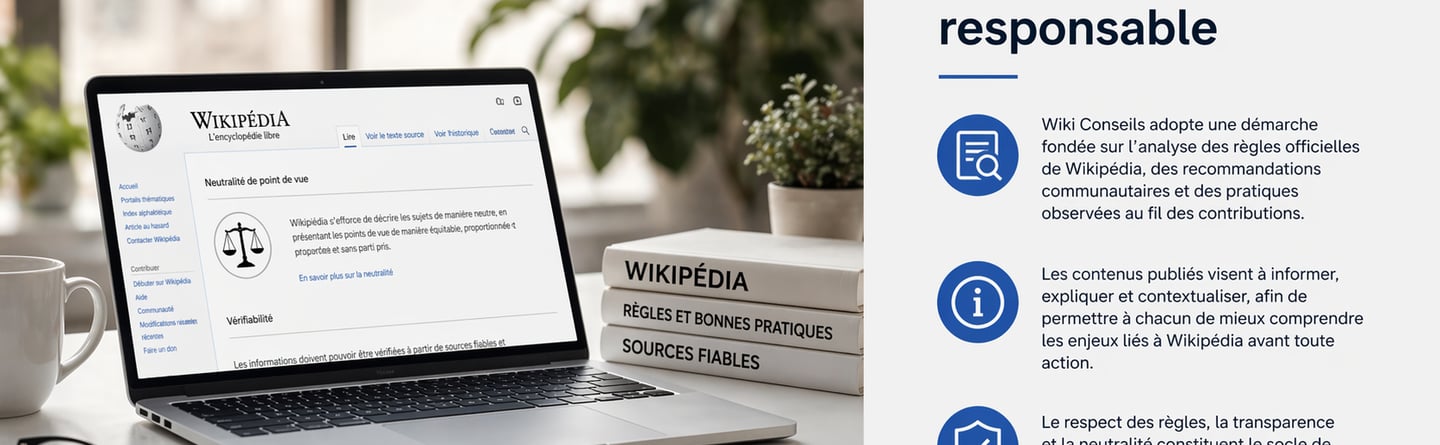 Espace de travail moderne avec ordinateur affichant les règles Wikipédia