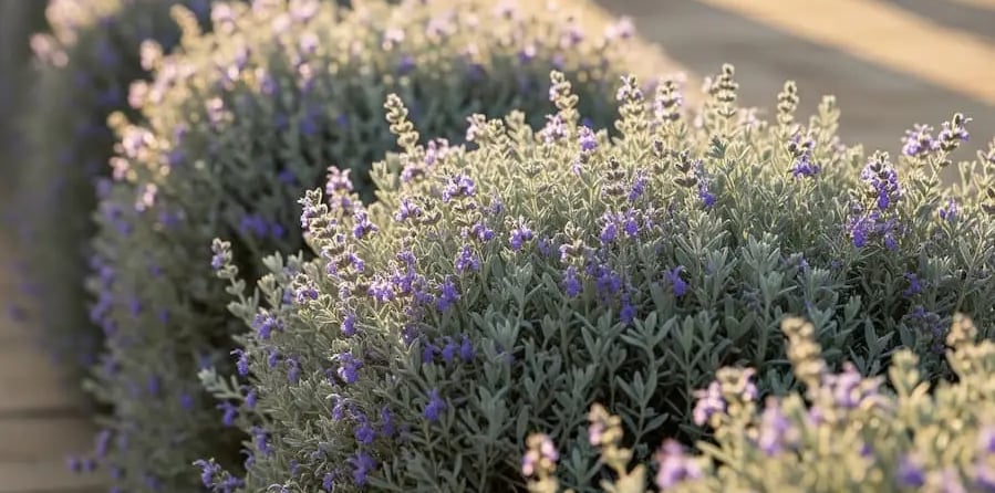Teucrium alineado y recortado en flor. Ideal bordura