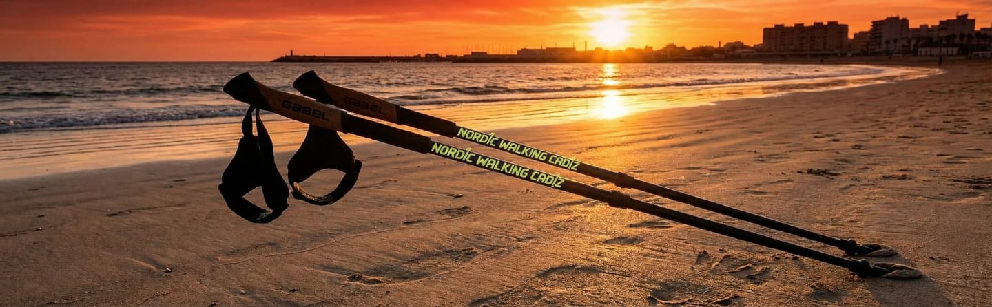 Nordic walking poles resting on a sandy beach at sunset, perfect for fitness trekking by the ocean.