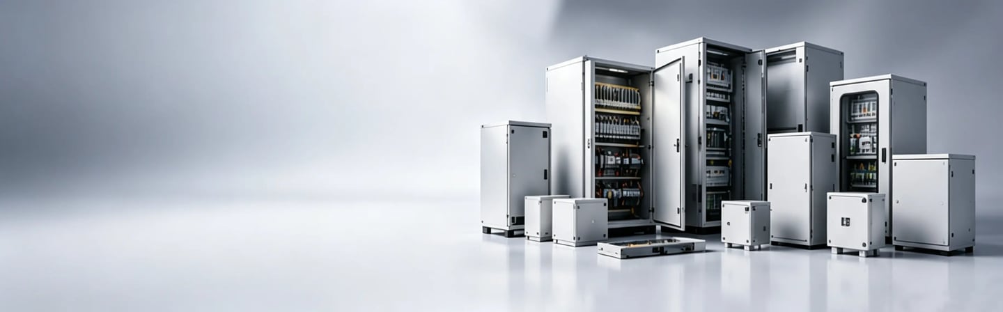 Industrial electrical control panels and modular steel enclosures arranged in a clean studio setting.