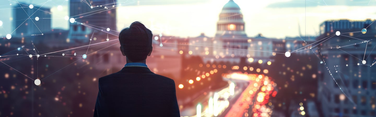 a man in a suit in a cityscape facing the United States Capital Building in Washington D.C. 