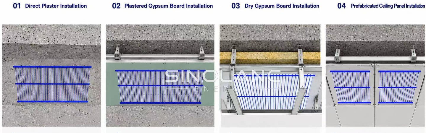 Capillary ceiling installation for plaster, gypsum board, and prefabricated ceilings.