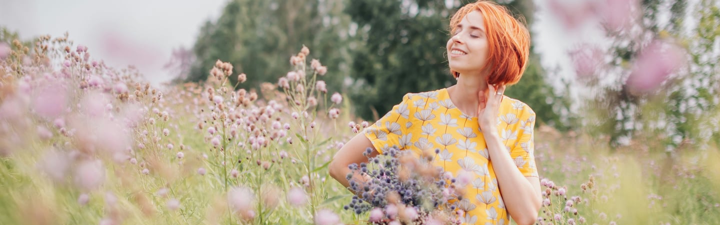 A lady portrayed as having received Reiki, she is stress free, joyful, present and light.