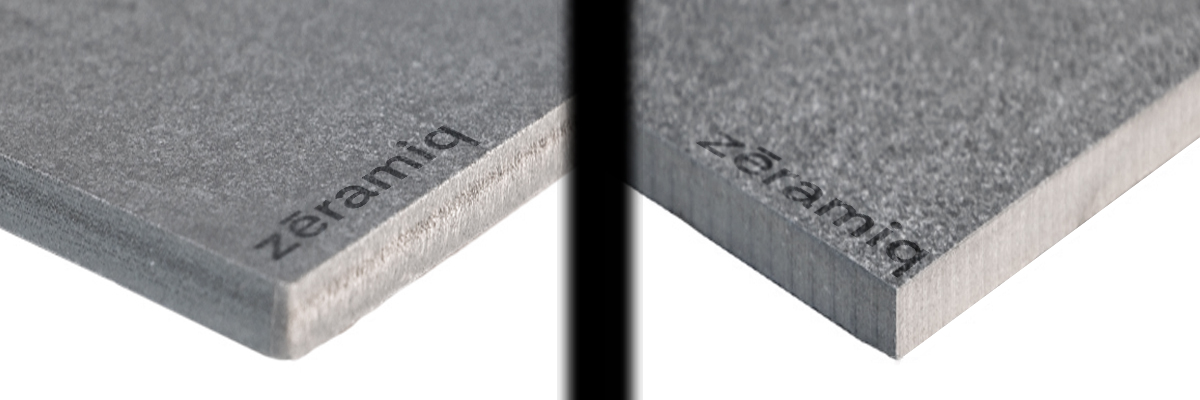 Close up de comparativa entre porcelanatos rectificados y sin rectificar