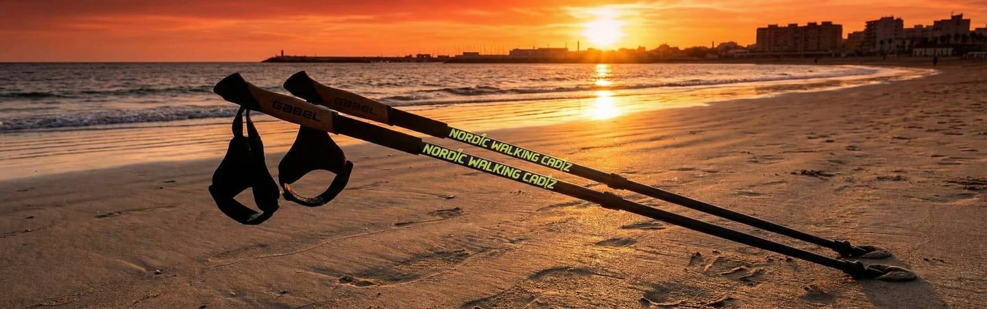 Nordic walking poles resting on a sandy beach at sunset, perfect for fitness trekking by the ocean.