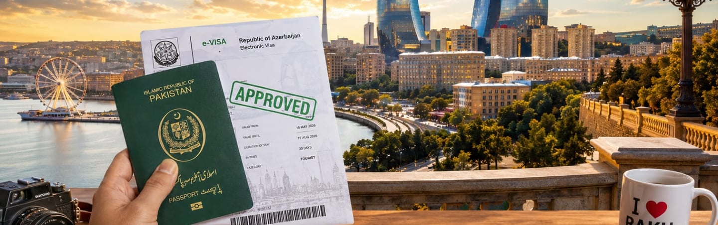 "Azerbaijan Tourist Visa for Pakistani Citizens 2026 complete application guide with Baku skyline an