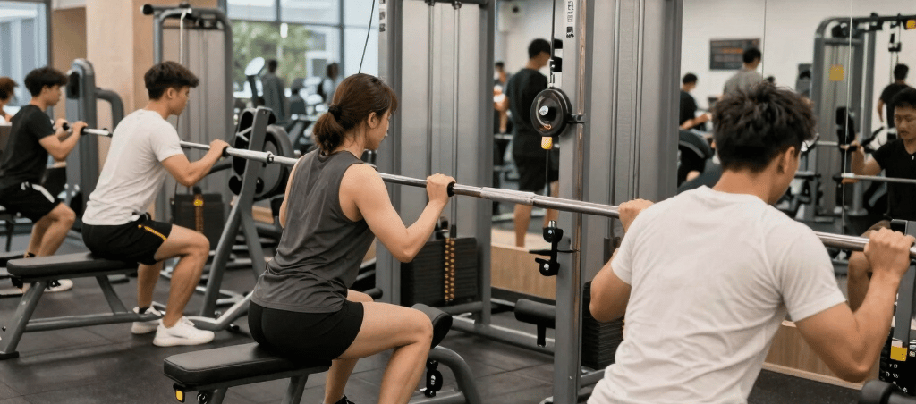 Trainer demonstrating proper lifting technique with a client in a modern gym setting.