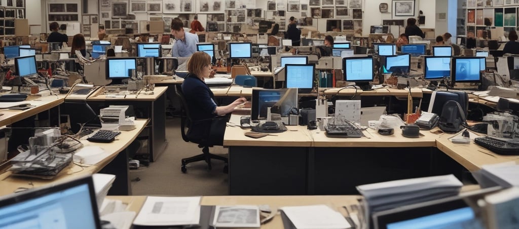 An editorial desk with laptops and open files, evoking a newsroom environment.