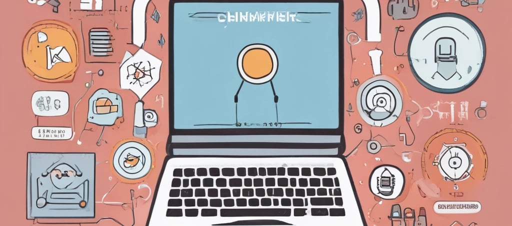 Flat lay illustration of a laptop surrounded by digital tech icons and user interface elements on a pink background.