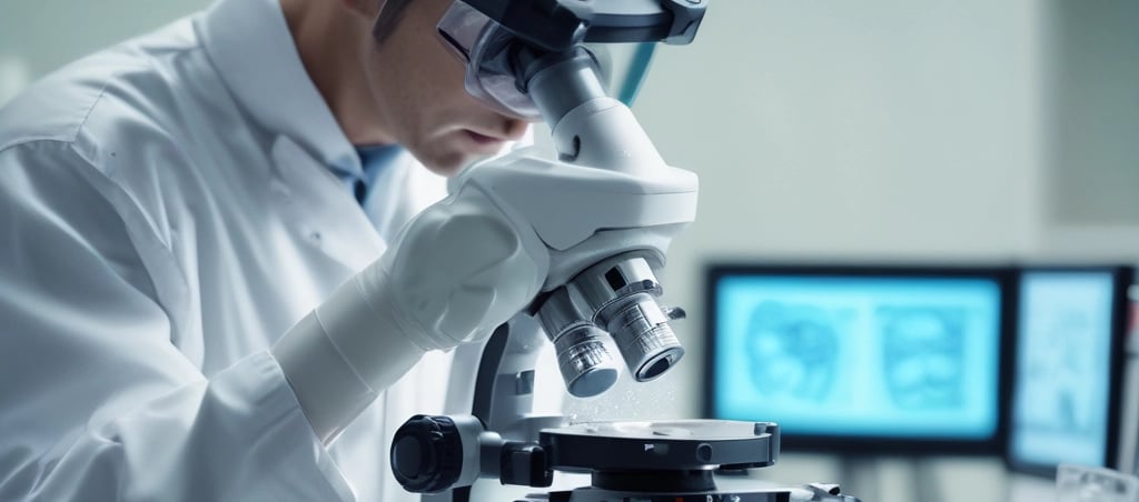 A female clinical laboratory professional in a white lab coat, mask, and gloves, analyzing blood samples with advanced equipment.