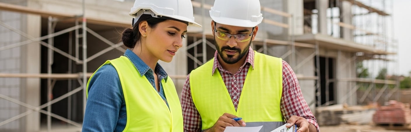 engenheiro e proprietário analisando documentos para evitar problemas jurídicos na construção