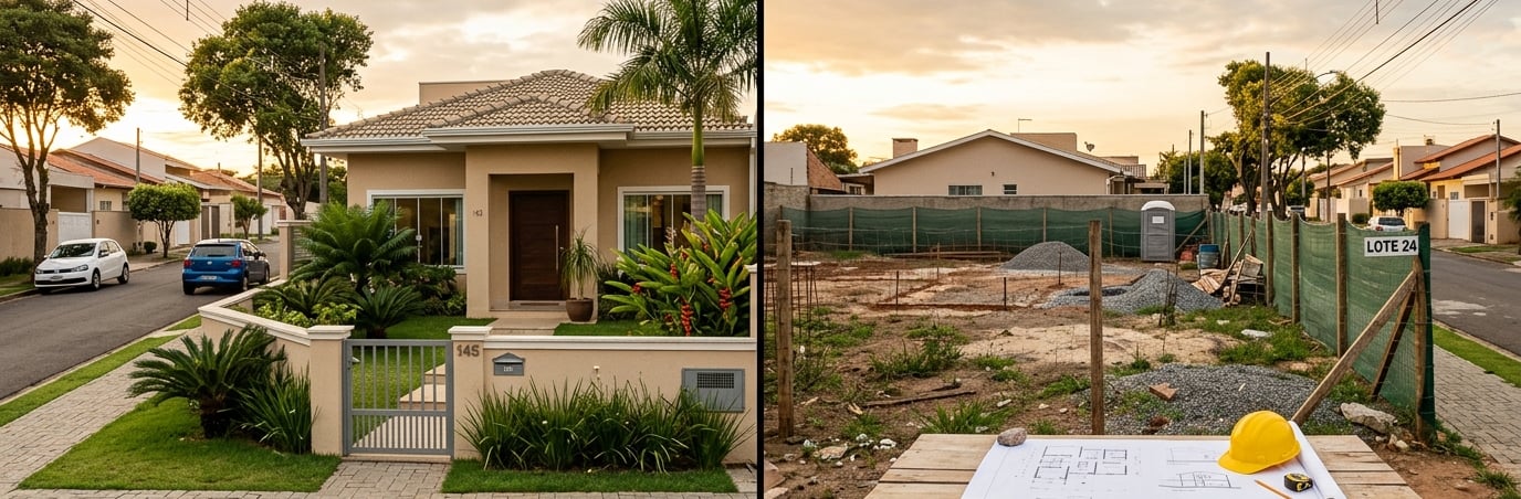 Comparação entre comprar casa pronta e construir do zero em bairro residencial urbano.