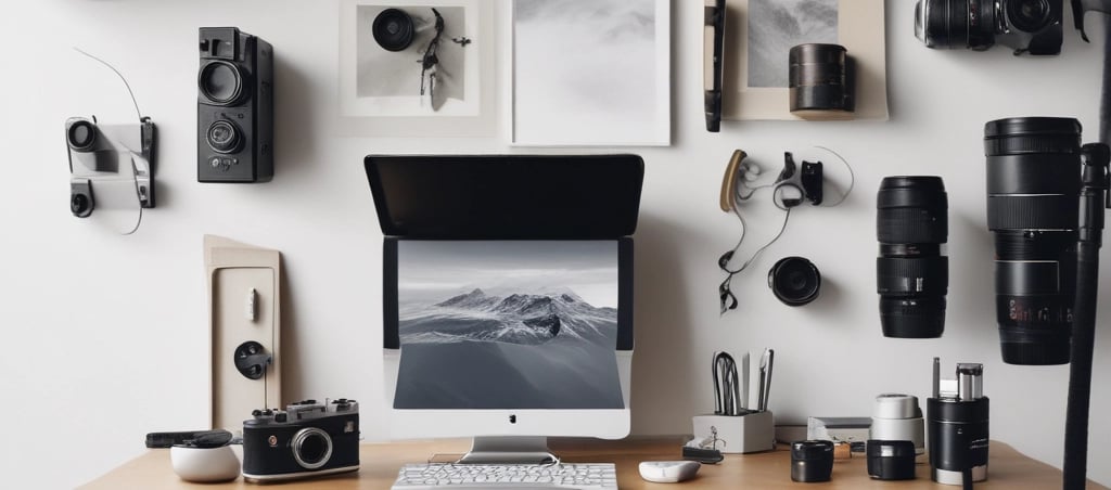 A minimalist workspace with a camera and photography equipment.