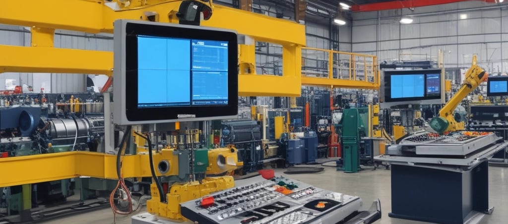 A modern factory interior showcasing advanced automation technology with sleek machinery and control panels.