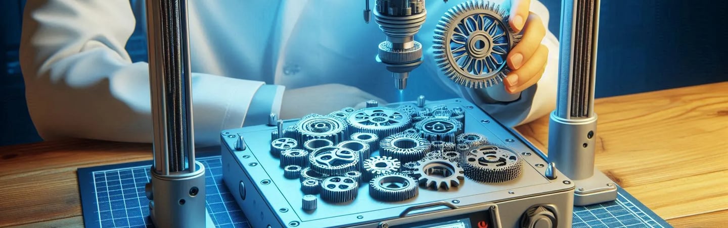 WIKXY Grey coloured, taylormade 3D printed gears on the 3D printer's table. Available at WIKXY 3D Printing in Stoke-on-Trent.