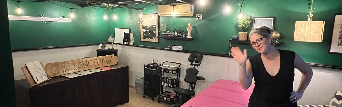 Lindy Martinez Stice in her tattoo studio: Ink Sanctuary Tattoo in Port Vila, Vanuatu