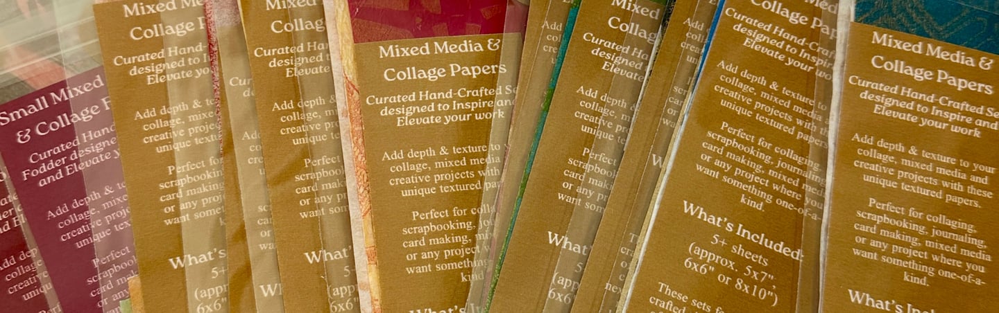 Custom curated collage papers in clear packaging 