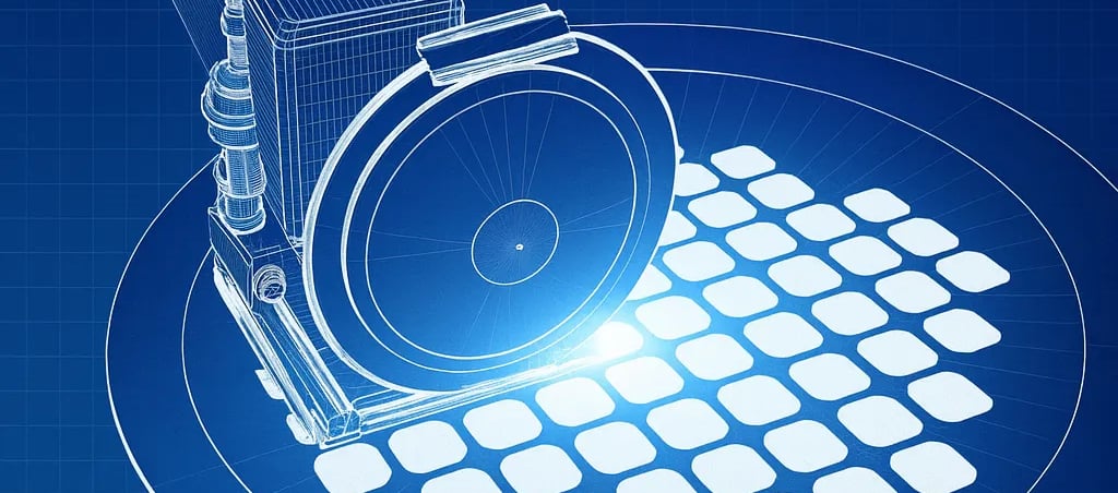A technical blueprint-style illustration of a wafer dicing saw cutting individual semiconductor dies