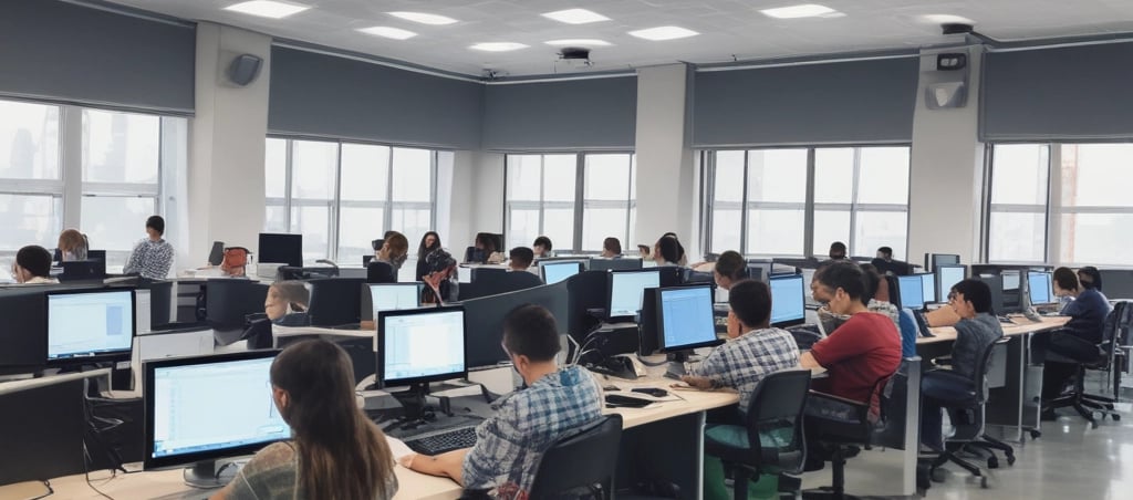 A friendly Python programmer teaching a small group of attentive students in a cozy classroom.