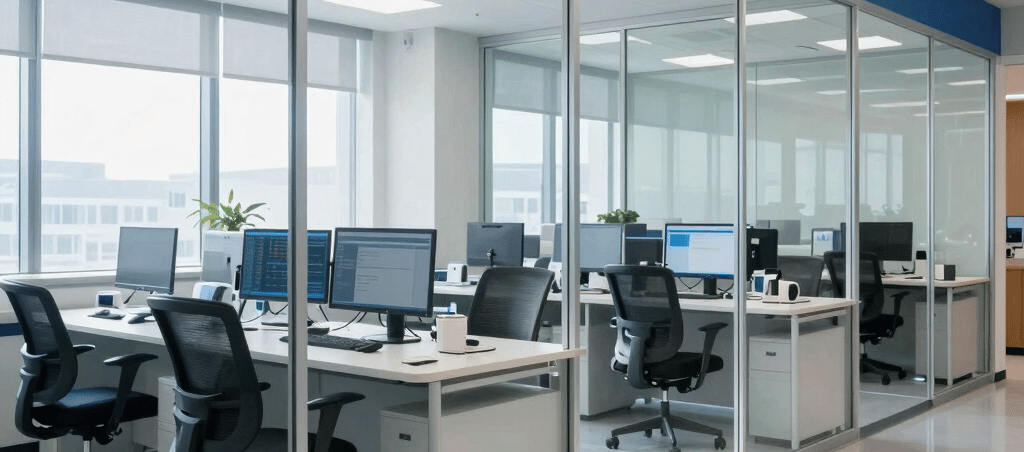 Clean and professional North American medical office environment with sleek glass partitions, polished grey floors, and royal blue accents. A bright, data-driven workspace reflecting trust and healthcare efficiency, captured in high-resolution photography with natural daylight.