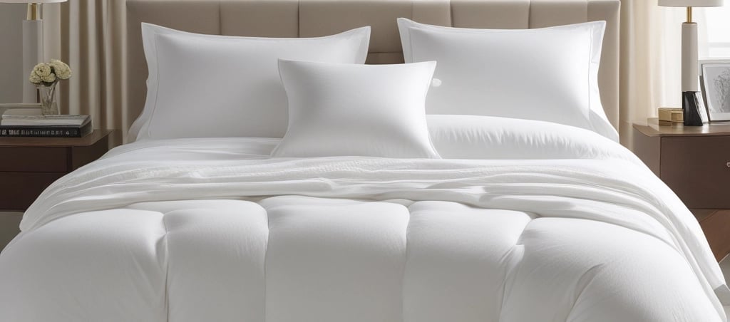 A cozy bedroom scene featuring a plush Fibrotech mattress and pillows bathed in soft natural light.