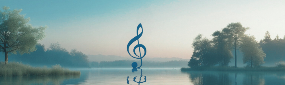 AI-generated image of a lake, trees, and a musical note, representing soothing music and nature.