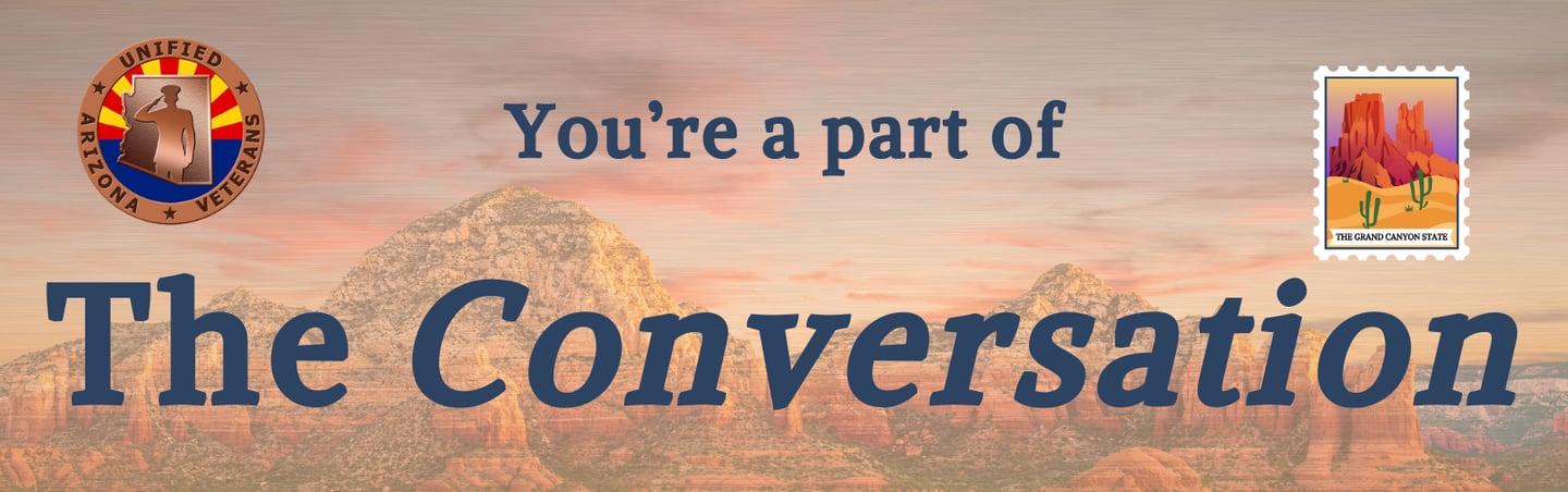 Image of a desert mountain rage, with blue text reading: You're a part of the conversation. On the right side is the UAV Logo