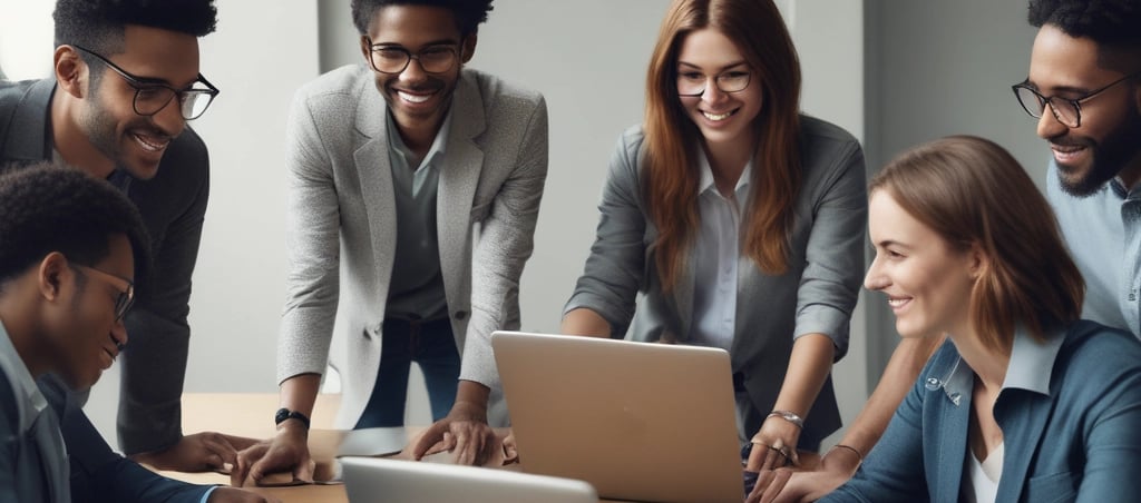 A diverse group of professionals collaborating around a table with laptops, diverse group
