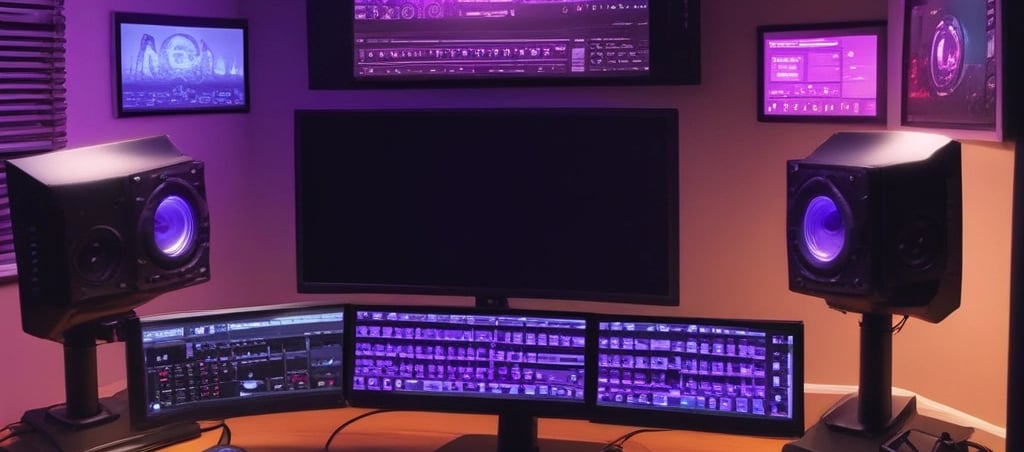 A computer screen displaying video editing software with a timeline view. The timeline includes clips, audio tracks, and a toolbar with options for cutting and editing. The background is dark, emphasizing the software interface.