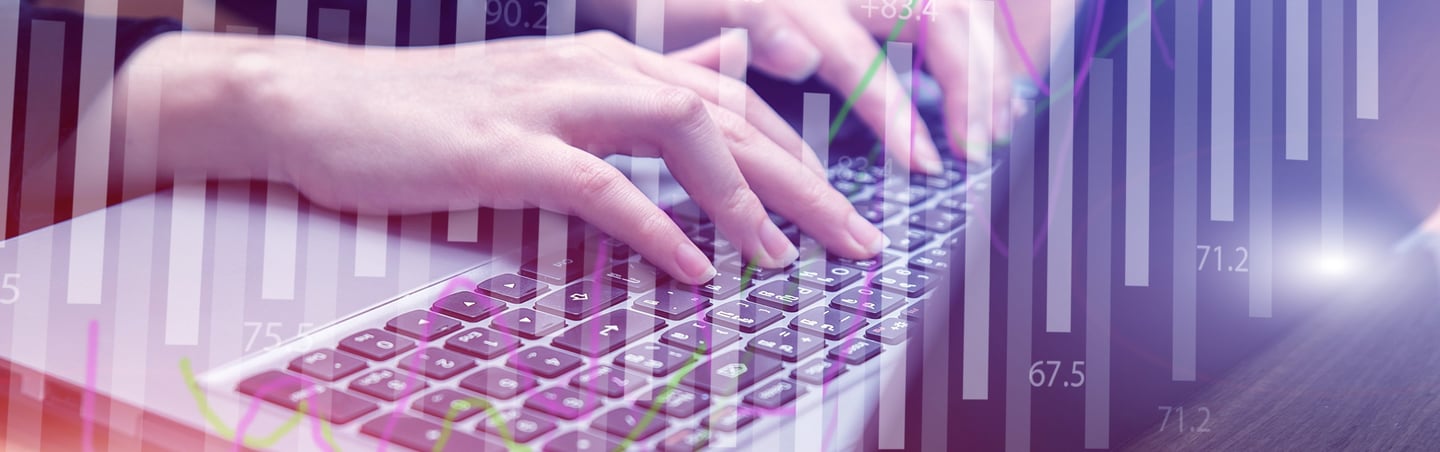 A woman typing on a laptop overlaid with performance metrics