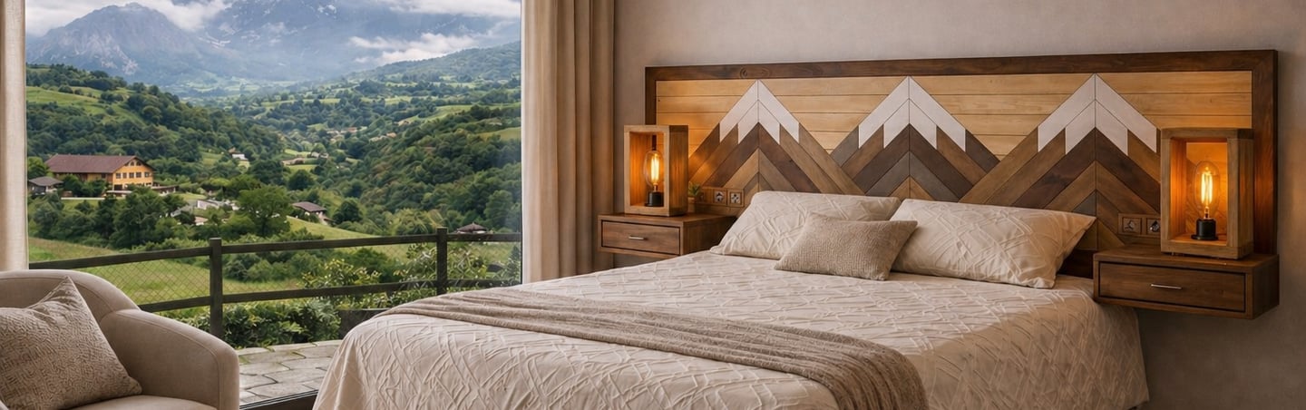 Cabecero de cama con disñeo de montañas en palillería y mesitas integradas